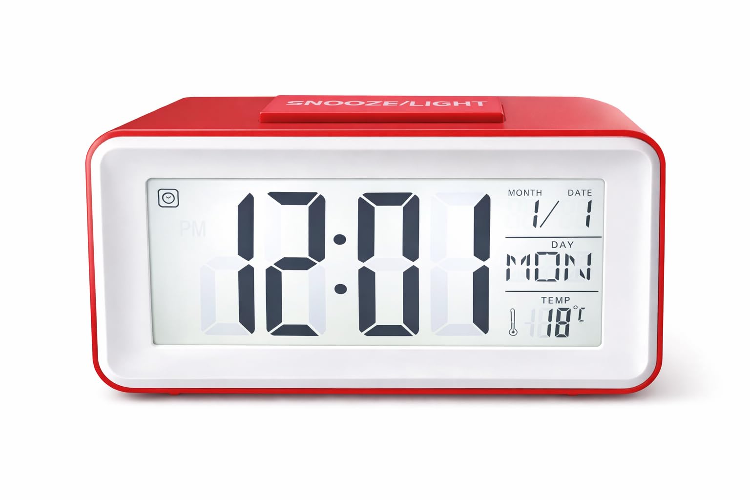 Small Portable Red LCD Digital Alarm Clock with Voice Control Back-Light, Temperature Monitor, Calendar, Musical Alarm, Battery Operated for Home, Office, Study Desk & Kitchen-image-47