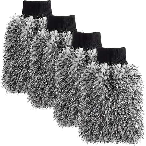Ferrochef 4 Pack Microfiber Car Wash Mitts Set 10x7 Inch Soft Suede Lining Car Wash Gloves, Highly Absorbent Scratch-Free Cleaning Cloths for Auto Detailing, Safe with All Soaps, Bucket(Black)