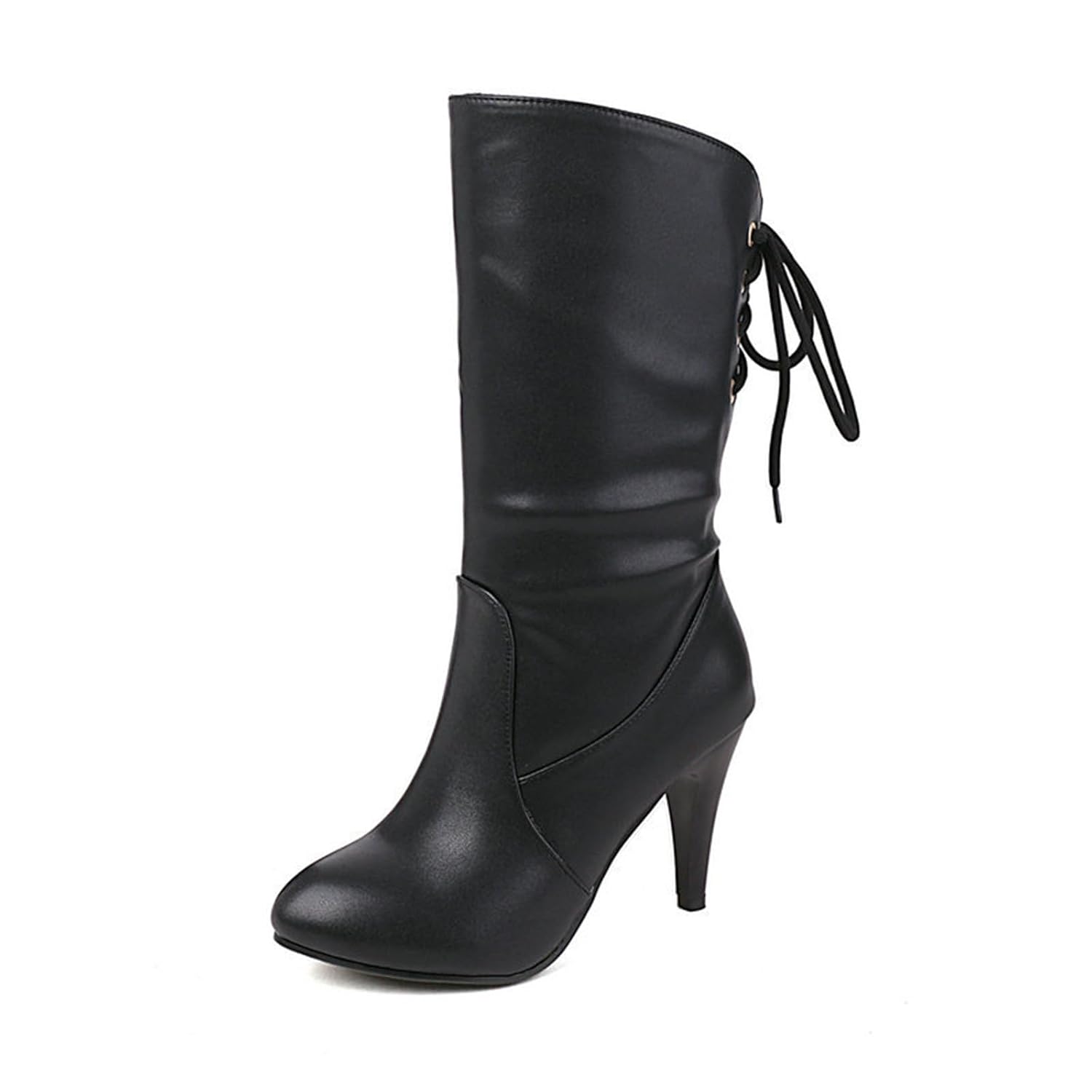 Womens Mid-Calf Boots With Pointed Toe Sexy Tapered High Heels Lace-Up Pleated Leather Calf Boots Suitable For Parties