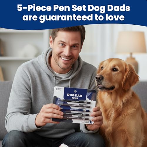 Image of rubyloo Funny Dog Dad Gift Pen Set - 5 Black Ink Ballpoint Pens with Stylus Tip & Quality Metal Barrel with Doggy-Themed Quotes - Cool Dog Dad Gift for Men for Birthday, Father's Day, Vet Tech