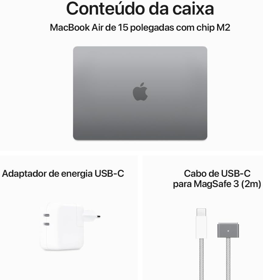 Notebook MacBook Air (2023) Apple com chip M2: tela Liquid Retina de 15,3 polegadas, 16 GB de RAM, 512 GB de Memória Interna - Cinza-espacial
