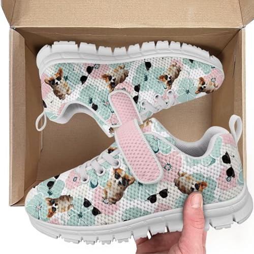 Little Kid Boys Girls Lightweight Breathable Sneakers Strap Athletic Tennis Shoes for Running Walking Cute Dog Sunglasses Pattern（White Sole）2