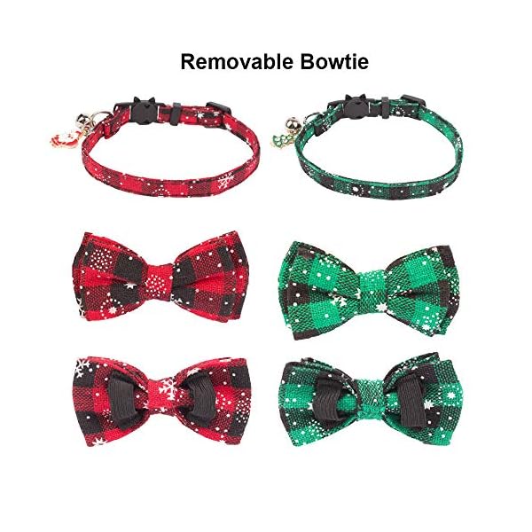 Adoggygo christmas cat collar breakaway with cute bow tie bell - 2 pack kitten collar red green plaid xmas kitten collar with removable bowtie cat bow collar for cats kittens (7. 8"- 10. 5", red&green) - image 5