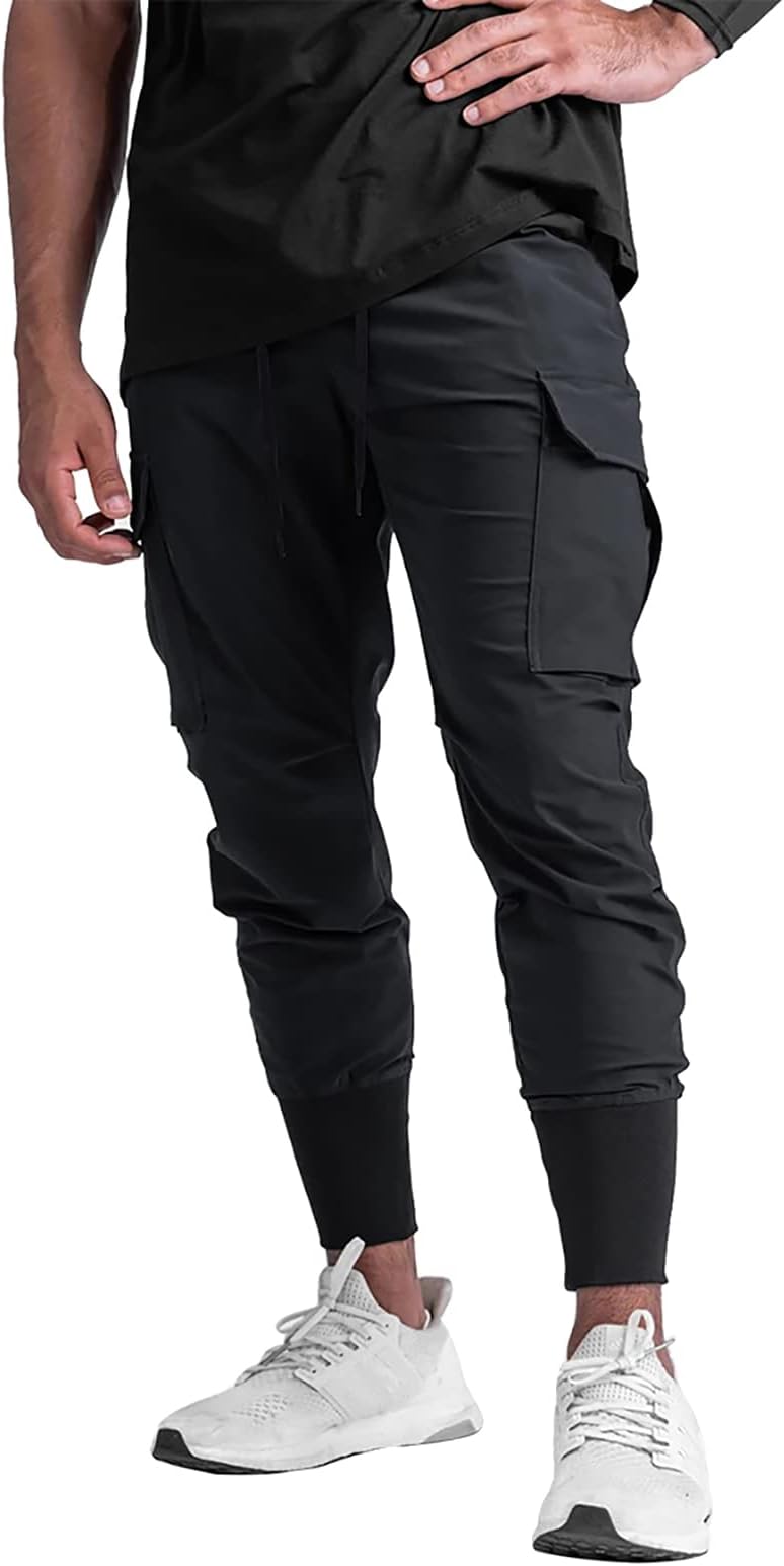 Men's Lightweight Cargo High Rib Jogger Slim Fit Workout Pants with Zip Pockets