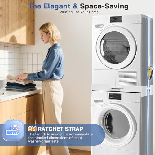 Nastopee Universal Verbindungsrahmen Set für Waschmaschine und Trockner (46-68cm) - Stapelbausatz mit Ratschenseil & verstellbarem Zwischeneinbaurahmen - Platzsparende Waschturm-Lösung für Waschküche