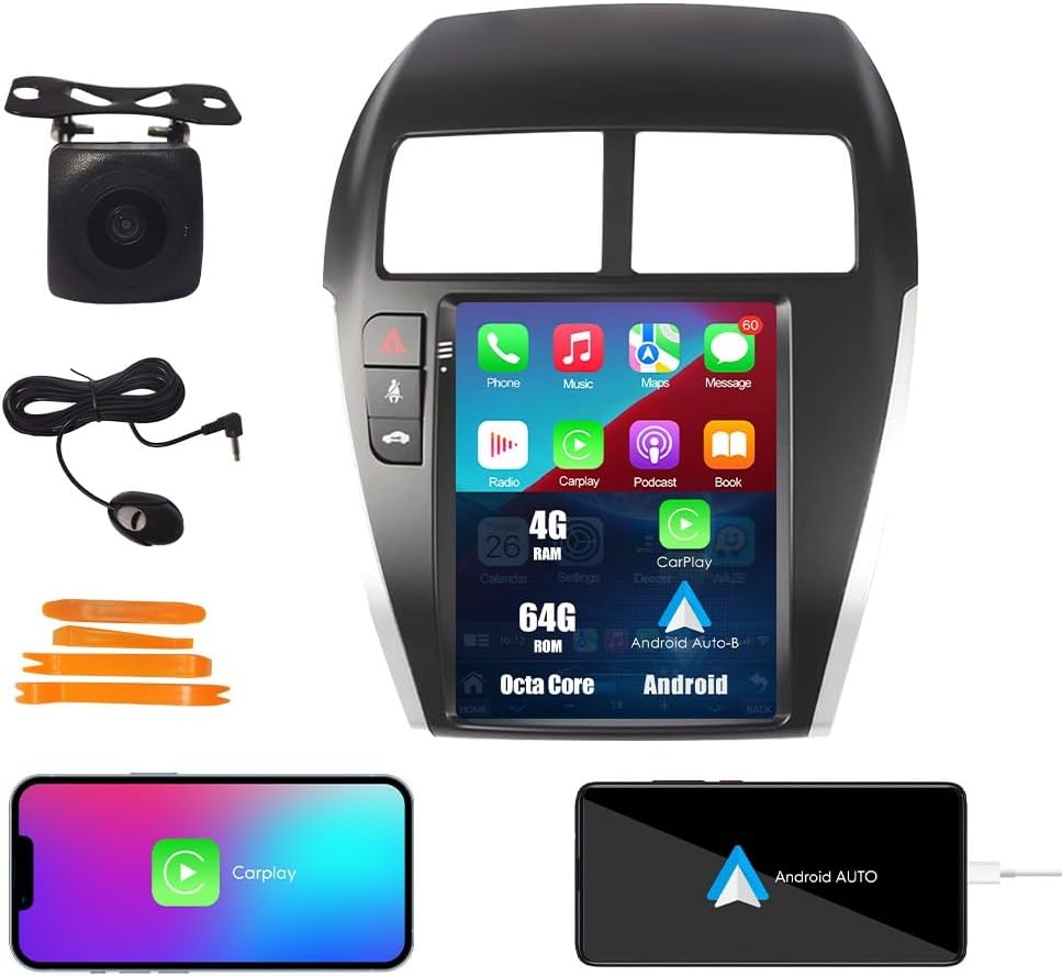 Kunfine Tesla Style Car CarPlay Android Auto Navigation Stereo GPS Radio Reverse Camera 9.7" IPS Touchscreen Headunit Tablet Media Player for Mitsubishi ASX 2010-2019, if Applicable Octa Core 4G+64G