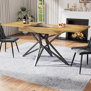 Merax Extendable Dining table 120-160×80x66.1cm, Space-Saving Kitchen Table, elegant modern wood walnut grain finish design,star-shaped table legs, for 4-8 People, for Dining Room,Living Room,Kitchen