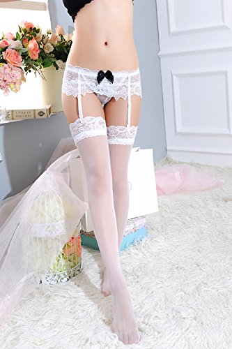 MISMXC Women's 3 Pieces Lace Garter Belt Stockings Sets with Butterfly Panty (White 1#)
