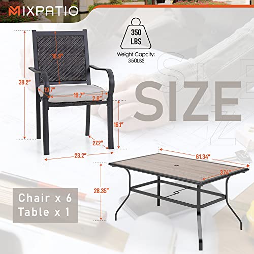 Mixpatio Outdoor Patio Dining Set 7 Pcs, Patio Dining Table Chair Set, 6 Rattan Chairs With Cushions And 1 Dining Table With Umbrella Hole, For Lawn, Garden, Yards, Poolside #TOP6