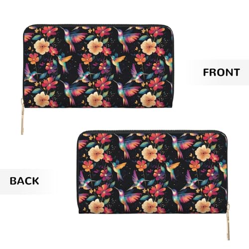 Colorful Flower Hummingbird C Print Wallet Women Men, Long PU Leather Wallets for Women, Cute Womens Travel Wallet Purse Pouch with Zipper Pocket2