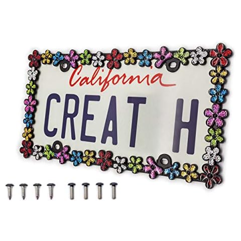 creathome 3D Shining Daisy Wrenth License Plate Frame from Pure Zinc Alloy Metal Perfect Plate Holder, Matt Black with Colorful Glitter Cover