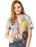 Allegra K Women's Hawaiian Shirts Leaves Printed Short Sleeve Tropical Button Down Shirt Large Pink