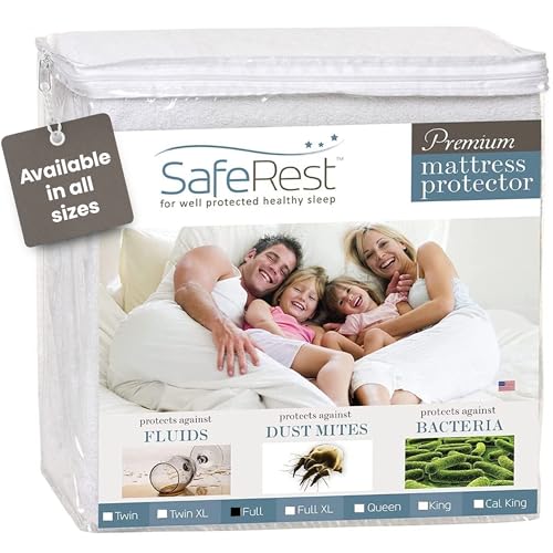 SafeRest Waterproof Full Size Mattress Protector – Fitted with Stretchable Pockets – Machine Washable Cotton Mattress Cover for Bed