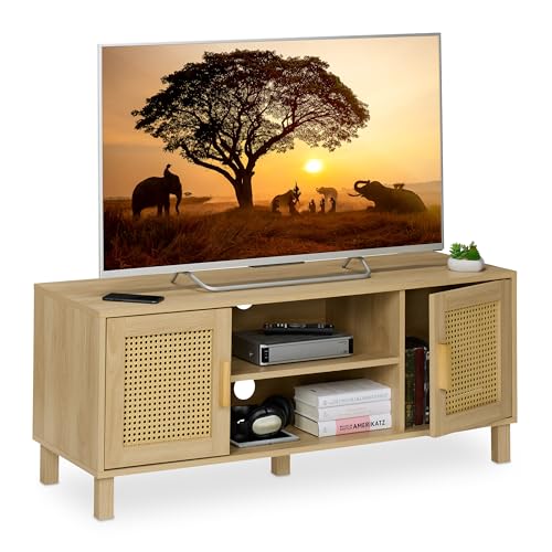 Relaxdays Mueble TV, Diseño Ratán, Mesa para Televisiones hasta 50', Efecto Madera, 48x115x40 cm, Cómoda Tele, Natural, Plástico, Tablero de Fibras