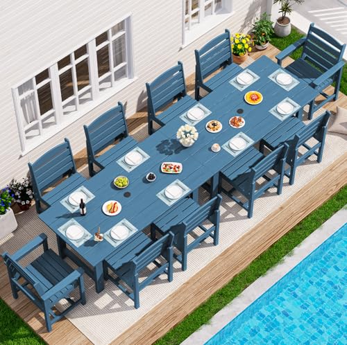 Image of SERWALL HDPE Outdoor Dining Set for 10 with 2 Tables & 10 Chairs, Blue | 12-Piece HDPE Outdoor Dining Set for 10, All-Weather Resistant Dining Furniture