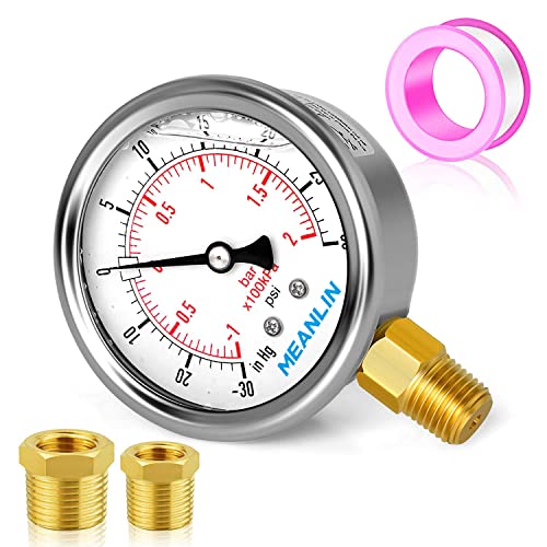 Meanlin Measure -30~30Psi Stainless Steel 1/4" Npt 2.5" Face Dial,Vacuum Pressure Gauge,Lower Mount, With 1/4" X 1/2" Npt And 1/4" X 3/8" Npt Hex Bushing #TOP24