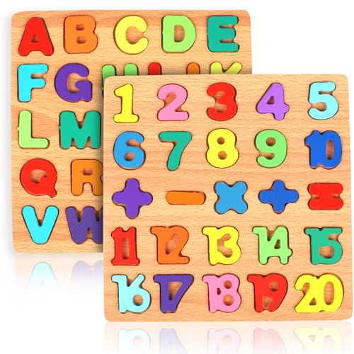 2 Pack Wooden Puzzles, Toddlers Alphabet Number Puzzles, ABC Learning Toys for Kids Ages 3-5, Preschool Learning Activities Gift Set for Boys & Girls
