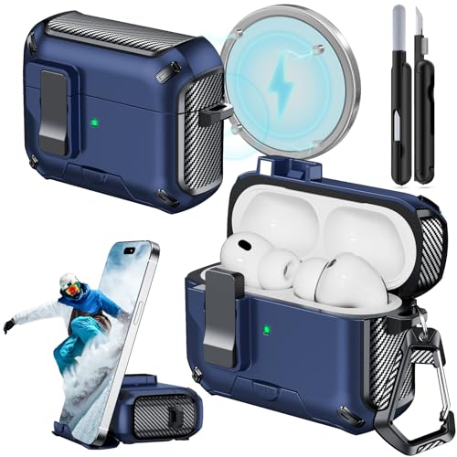 JOREMX for AirPods Pro 3 Case (2025) with Phone Stand,Military Hard Case with Lock Design Protection Cover for Airpods Pro 3 Gen with Cleaning Pen&Keychain,Blue