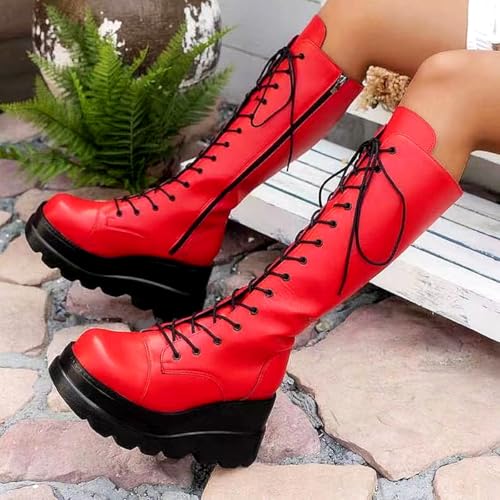 Image of Gothniero High Platform Knee Boots Chunky Heel Wedge Black Boots For Women Combat Goth Punk Motorcycle Booties Zip up With Metal Buckles Size5-11