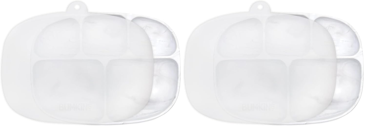 Bumkins Toddler and Baby Suction Plate, Silicone Divided Grip Dish and Lid, Large 5-Section Tray for Kids, Essentials in Children Feeding Supplies, Non Skid Stick Bottom, for Ages 6 Months Up, Marble