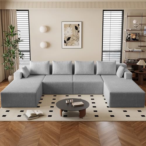 Image of 142 inch Cloud Sectional Boneless Couches for Living Room, Modular U Shaped Couch with 2 Chaise, Modern Comfy Deep Seat Corduroy Memory Foam Compressed Sofa for Apartment, Light Grey