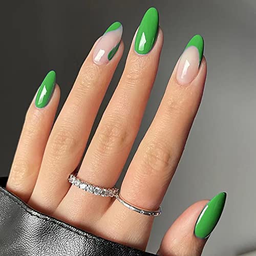 St. Patrick's Day Almond Press on Nails Long Green French Tip Fake Nails with Nail Glue Green Nail Tip False Nails with Designs Glossy Stick on Nails Acrylic Artificial Nails for Women Girls Nail Art Decorations