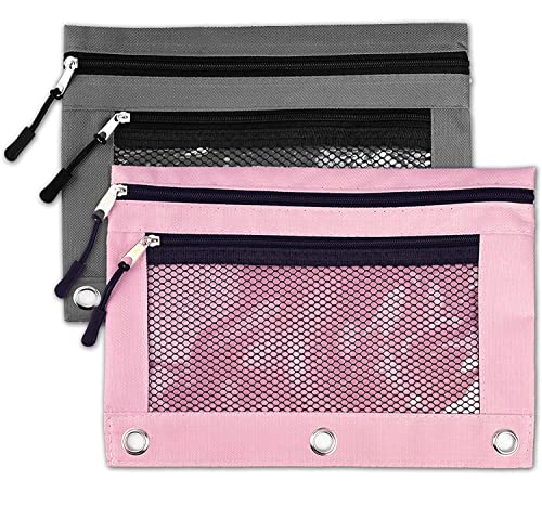 Binder Pencil Pouches - 2 pieces 3 Ring Pencil Pouch with Zipper Pulls Double Pockets Pencil Case with Clear and Mesh Window (2 pieces, grey and pink)