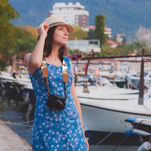 Image of Padwa Lifestyle Blue Crane Camera Strap - 2 inch Cowhide Leather Head Cotton Camera Straps for Photographers,Vintage Japanese Art Print Adjustable Neck & Shoulder Strap for ALL DSLR /SLR Cameras