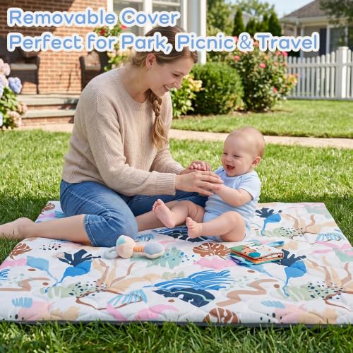 Image of 1.6 inch Thick Baby Play Mat, 50x50 Removable & Machine Washable Cover | Padded Memory Foam, Non-Slip Backing, 100% Baby-Safe Materials, Tummy Time Crawling, Outdoor, Bedroom, Living Room, Nursery