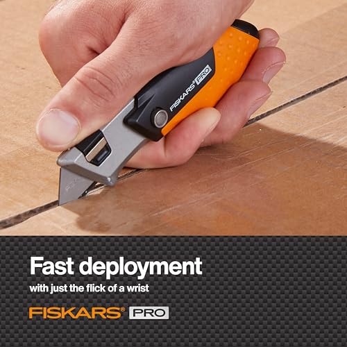 Image of Fiskars Pro Folding Utility Knife, CarbonMax Blade with Safe Blade Lock and Pocket Clip, Compact Dual-Lock All-Metal Design, Everyday Carry