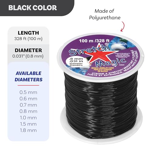 Image of Stretch Magic Elastic Beading Cord - Black Color, 0.8mm in Diameter, 100-Meter (328 ft) - Easy to Knot, Strong & Stretchy String for Making Beaded Jewelry