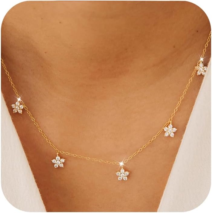 Dainty Cubic Zirconia Flower Charm Necklaces for Women 925 Sterling Silver 14K Gold Plated Leaf Pendant Choker Necklace Wedding Jewelry Birthday Mothers Day Gifts