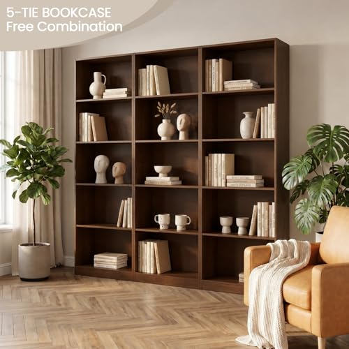 VAFHYLLIS Bookshelf, 5 Cube Storage Organizer Bookshelves Bookcases, Floor Freestanding 5 Tiers Open Storage Shelves 71 Inches Tall Bookcase Furniture for Home Office, Living Room, Walnut Color — view 2