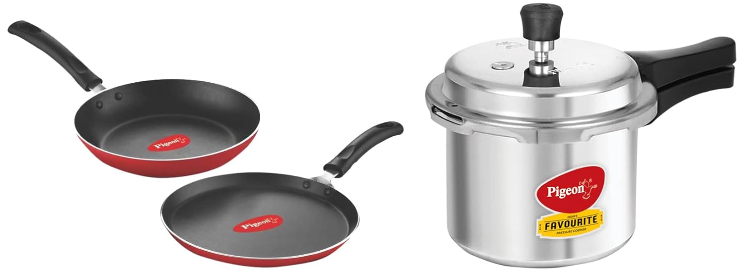 Pigeon Aluminium Nonstick Duo Pack Flat Tawa 250 and Fry Pan 200 Gift Set (Red) by Stovekraft Favourite Outer Lid Non Induction Aluminium Pressure Cooker, 3 litres, Silver