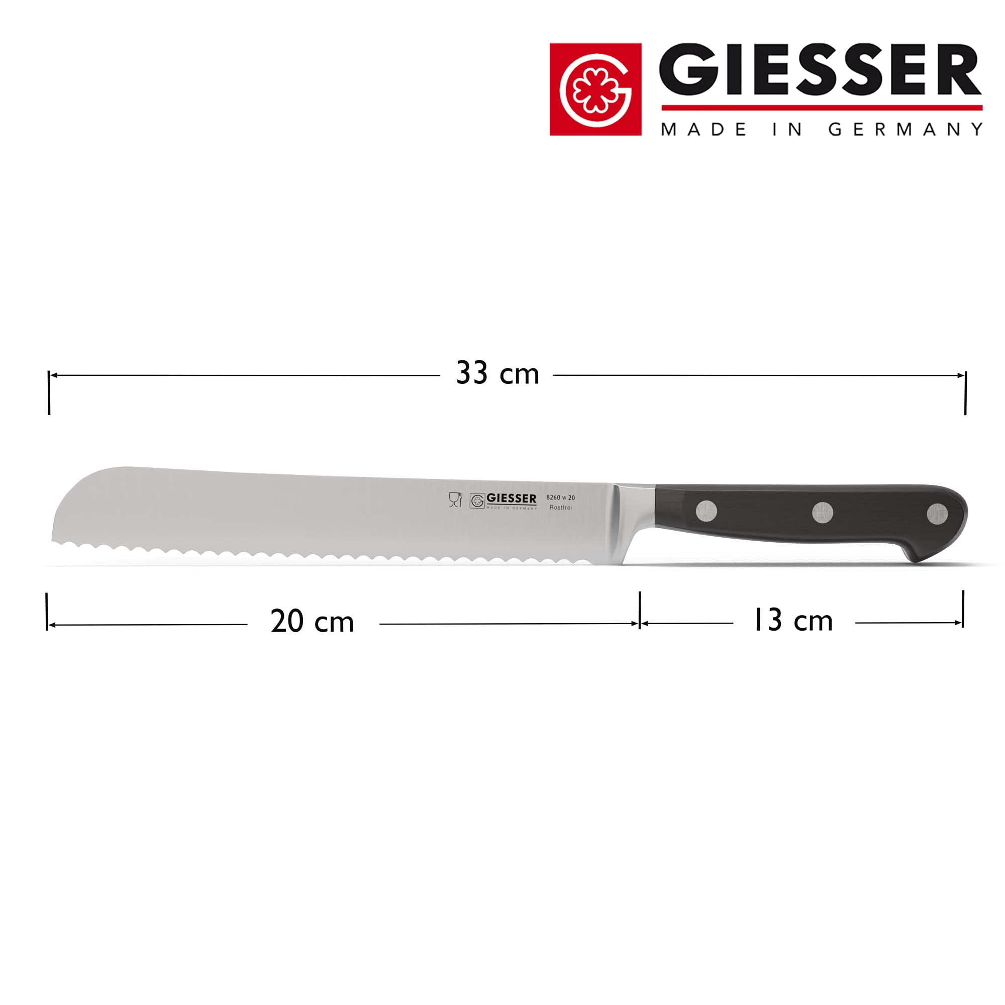 Giesser seit 1776 - Made in Germany - Brotmesser geschmiedet schwarz Skyline black, 20 cm Klinge mit Wellenschliff, genietet, spülmaschinengeeignet, rostfrei