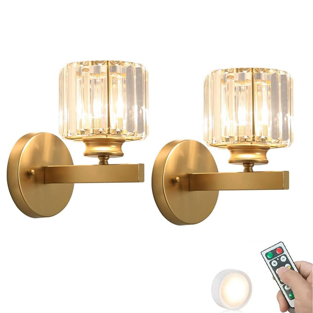 Wall Sconce Lights Vintage Gold Crystal Wall Sconces Battery Operated With Timer Rechargeable Bulb Modern Black Crystal Wireless Wall Lamp Cordless Bedside Wall Light For Bedroom Living Room Hallway