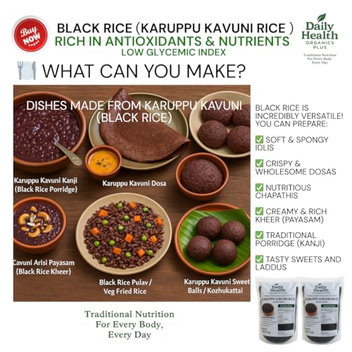 Image of Karuppu Kavuni Rice 1kg | Black Rice 1kg Pack | Rich in Antioxidants & Nutrients | Low Glycemic Index | Naturally High in Fiber | Unpolished Whole Grain | Premium Quality (1000g)