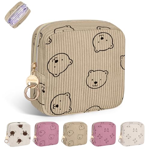 Image of Period Bag for Teen Girls, Corduroy Sanitary Napkin Storage Bag, Menstrual Pad Pouches Tampon Holder for Purse (Bears-Khaki)