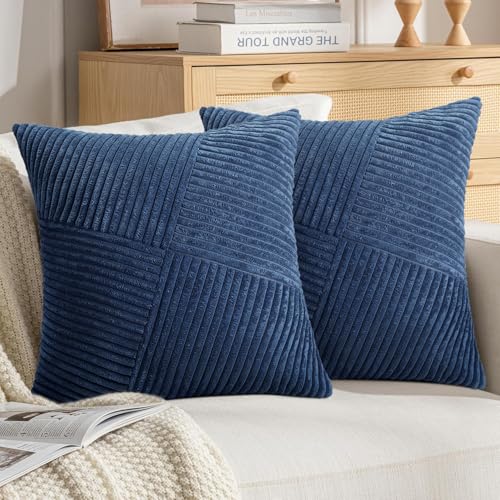 DecorMommt Housse Coussin 40x40 Bleu Foncé Velours Côtelé Doux Housse de Coussin Deco Maison...