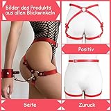 SUPKTHDY Punk Harness Damen Leder Strumpfband Gürtel mit Handschellen Geschirr Damen Sexy Körper Harness Taille Bein Leder Sex Bondage Handschellen Fesseln Sex Set Nachtclub Rave Kostüm Cosplay Rot