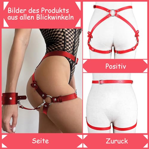 SUPKTHDY Punk Harness Damen Leder Strumpfband Gürtel mit Handschellen Geschirr Damen Sexy Körper Harness Taille Bein Leder Sex Bondage Handschellen Fesseln Sex Set Nachtclub Rave Kostüm Cosplay Rot