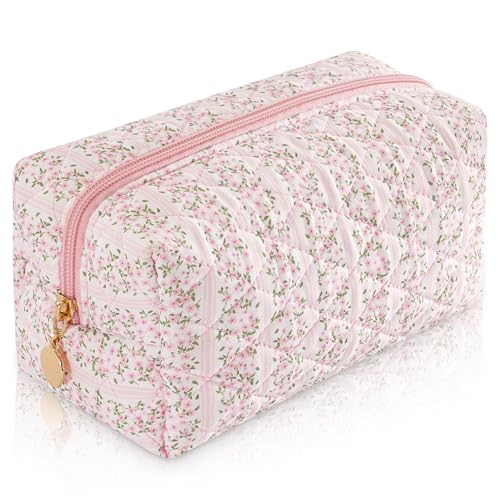 UUYUUY Makeup Bag Travel Toiletry Bag for Women, Small Cosmetic Bags Cute Quilted Cotton Makeup Pouch for Purse Emergency Bag for School Floral Pencil Case Accessory Bag, Pastel Pink