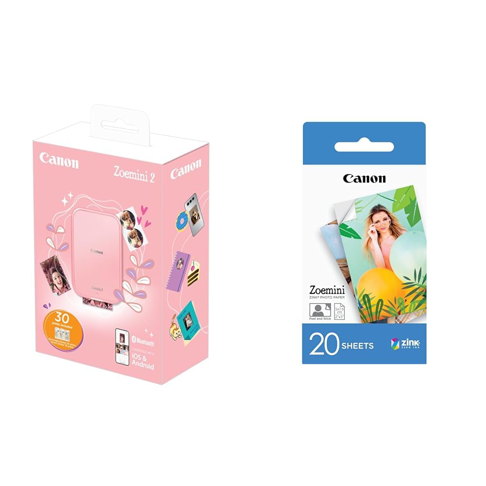 Canon Zoemini 2 Pack Imprimante Photo + 30 Feuilles Assorties, Rose Doré & Papier Photo Zink 5 נ7,6 cm Zoemini | Pack de 20 Feuilles | Impression sans Encre