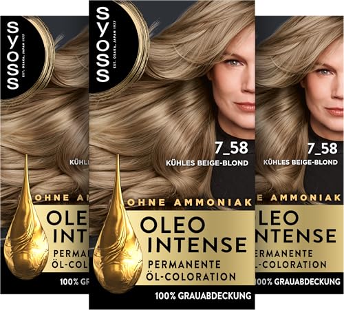 Syoss Oleo Intense Öl-Coloration 7-58 Kühles Beige-Blond Stufe 3 (115 ml), dauerhafte Haarfarbe mit pflegendem Öl, Coloration ohne Ammoniak