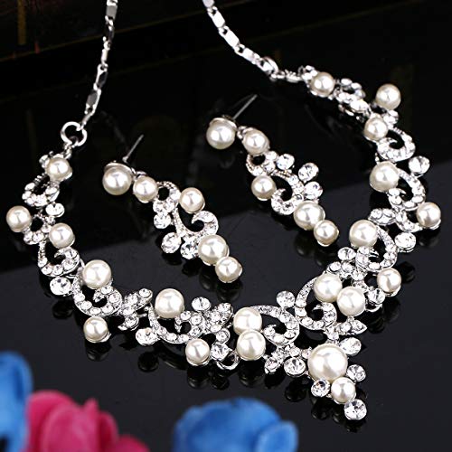 BriLove Wedding Bridal Simulated Pearl Necklace Earrings Jewelry Set for Women Filigree Vine Y-Necklace Dangle Earrings Set Clear Silver-Tone