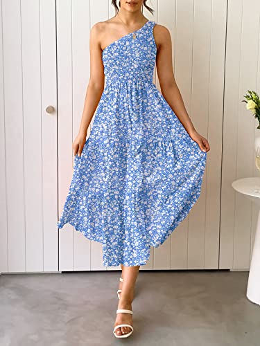 Image of ZESICA Women's 2026 Bohemian Summer Floral Print One Shoulder Sleeveless Smocked Ruffle Tiered Beach Long Midi Dress