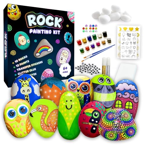 Rock Painting Kit for Kids 6-12 - 90+ Pcs Arts and Crafts Kit for Kids Painting - 10 White Rocks 12 Paint Colors Glitter Glue Googly Eyes & More - Rock Art Supplies- DIY Arts & Crafts Easter Gifts