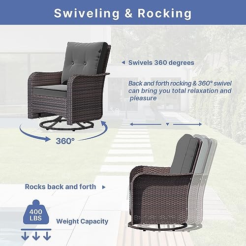 ALAULM Outdoor Swivel Rocking Chairs Set of 2 with 4”Thick Cushions and High Back, Wicker Patio Chairs w/Side Table for Patio, Porch, Poolside, Deck, Backyard, Garden-Grey - Image 6