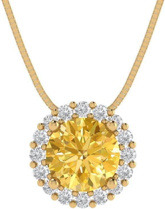 Clara Pucci 1.16 cttw Yellow Simulated Diamond Yellow Gold-Plated Silver Necklace and Pendant for Women (18" Box Chain,Round Cut,6.5mm)