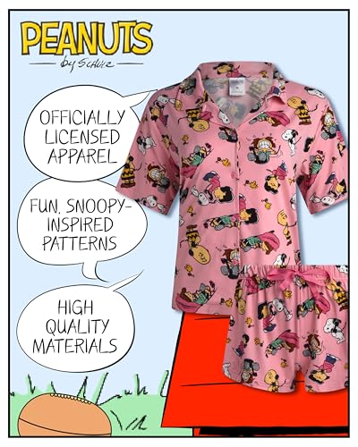 Image of COCO BRANDS Peanuts Snoopy Womens Pajama Set - 2 Piece Short Sleeve Button Down Sleep Shirt and Pajama Shorts